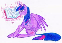 Size: 1024x719 | Tagged: safe, artist:jazz-dafunk, derpibooru import, twilight sparkle, twilight sparkle (alicorn), alicorn, pony, book, female, magic, mare, reading, solo