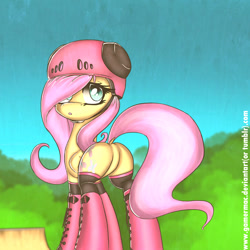 Size: 1200x1200 | Tagged: safe, artist:gamermac, fluttershy, pegasus, pony, featureless crotch, helmet, looking back, plot, ponies in roller skates, roller skates, solo