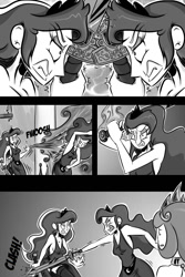 Size: 800x1200 | Tagged: safe, artist:tigerdehavilland, princess celestia, princess luna, human, clothes, dress, evil twin, fight, humanized, monochrome, sword, tumblr comic