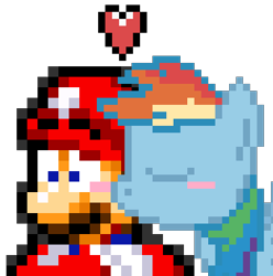 Size: 392x395 | Tagged: safe, artist:lilly-the-pkmn, derpibooru import, rainbow dash, pegasus, pony, blushing, crossover, crossover shipping, female, kissing, male, maridash, mario, pixel art, shipping, straight, super mario bros.