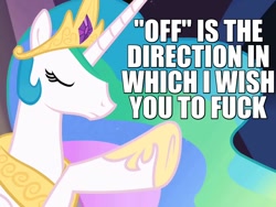 Size: 800x600 | Tagged: safe, edit, edited screencap, screencap, princess celestia, alicorn, pony, the return of harmony, caption, eyes closed, female, frown, image macro, mare, meme, pointing, raised hoof, reaction image, solo, vulgar