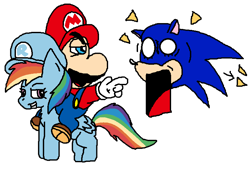 Size: 770x526 | Tagged: safe, artist:icepony64, derpibooru import, rainbow dash, pegasus, pony, crossover, mario, riding, simple background, sonic the hedgehog, sonic the hedgehog (series), super mario bros., transparent background