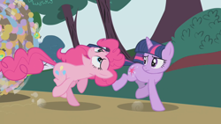 Size: 1280x720 | Tagged: safe, derpibooru import, screencap, pinkie pie, twilight sparkle, unicorn twilight, earth pony, parasprite, pony, unicorn, season 1, swarm of the century, derp, duo, female, galloping, mare, open mouth