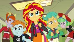 Size: 1920x1080 | Tagged: safe, screencap, drama letter, heath burns, snails, snips, sunset shimmer, watermelody, equestria girls, equestria girls (movie), backpack, beret, confident, hat, quintet, wondercolts uniform