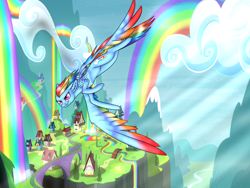 Size: 2048x1536 | Tagged: safe, artist:radioactivepotato123, derpibooru import, rainbow dash, pegasus, pony, rainbow falls, colored wings, flying, multicolored wings, rainbow, solo