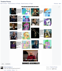 Size: 739x852 | Tagged: safe, applejack, discord, fluttershy, pinkie pie, princess celestia, rainbow dash, rarity, spike, twilight sparkle, alicorn, dragon, earth pony, pegasus, pony, unicorn, avengers, black widow (marvel), bruce banner, captain america, comparison, facebook, hawkeye, image macro, iron man, jean-luc picard, loki, mane seven, mane six, meme, nick fury, one of us, phil coulson, robert downey jr, the incredible hulk, thor, tony stark