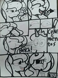 Size: 712x958 | Tagged: safe, artist:patterndream, princess celestia, princess luna, alicorn, pony, cartoon, coke, mentos, mentos and diet coke, monochrome, soda