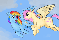 Size: 2000x1354 | Tagged: safe, artist:tunturikettu, derpibooru import, fluttershy, rainbow dash, pegasus, pony, duo, flying