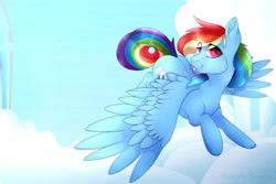 Size: 6000x4000 | Tagged: safe, artist:0bloodyscene, derpibooru import, rainbow dash, pegasus, pony, cloud, cloudsdale, flying, rainbow, solo, tongue out