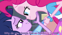 Size: 1280x720 | Tagged: safe, derpibooru import, edit, edited screencap, screencap, pinkie pie, twilight sparkle, equestria girls, caption, cards against equestria girls, female, image macro, lesbian, meme, out of context, shipping, twinkie