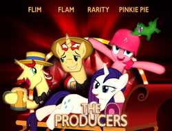 Size: 1024x782 | Tagged: safe, artist:dan232323, flam, flim, gummy, pinkie pie, rarity, earth pony, pony, unicorn, movie poster, parody, the producers