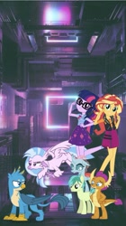 Size: 839x1495 | Tagged: safe, editor:php77, gallus, ocellus, sandbar, sci-twi, silverstream, smolder, sunset shimmer, twilight sparkle, classical hippogriff, griffon, hippogriff, better together, equestria girls, school daze, geode of empathy, geode of telekinesis, magical geodes, phone wallpaper, wallpaper