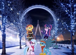 Size: 2048x1483 | Tagged: safe, artist:invisibleink, artist:remcmaximus, editor:php77, gallus, sci-twi, silverstream, sunset shimmer, twilight sparkle, classical hippogriff, griffon, hippogriff, equestria girls, school daze, london, london eye, wallpaper, winter