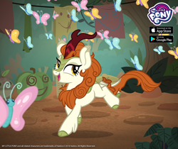 Size: 940x788 | Tagged: safe, autumn blaze, butterfly, kirin, sounds of silence, advertisement, gameloft, official, prancing