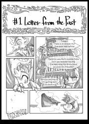 Size: 1000x1399 | Tagged: safe, artist:kolshica, derpibooru import, spike, twilight sparkle, dragon, comic, monochrome