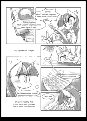 Size: 1000x1399 | Tagged: safe, artist:kolshica, derpibooru import, spike, twilight sparkle, dragon, comic, monochrome