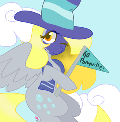 Size: 1024x1041 | Tagged: safe, artist:cubbybatdoodles, derpy hooves, pony, buckball season, clothes, cloud, face paint, flag, hat, one eye closed, scarf, solo, spread wings, wink