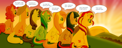 Size: 1274x504 | Tagged: safe, artist:majkashinoda626, derpibooru import, edit, applejack, fluttershy, pinkie pie, rainbow dash, rarity, sunset shimmer, twilight sparkle, twilight sparkle (alicorn), alicorn, earth pony, pegasus, pony, unicorn, alternate mane seven, cowboy hat, crepuscular rays, dialogue, female, hair tie, hat, horn, mane six, mare, open mouth, sitting, smiling, speech bubble, stetson, sunset, talking, wings