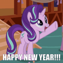 Size: 515x515 | Tagged: safe, edit, edited screencap, screencap, starlight glimmer, pony, unicorn, the maud couple, animated, confetti, cute, female, gif, glimmerbetes, happy, looking up, mare, new year, open mouth, smile and wave, smiling, solo, stairs, text edit, underhoof, waving