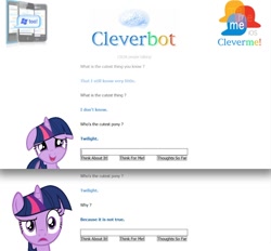 Size: 1008x935 | Tagged: safe, derpibooru import, twilight sparkle, cleverbot, comic, confused, cute, cutest pony, meme, reaction, shocked, surprised, telling lies, text, wat