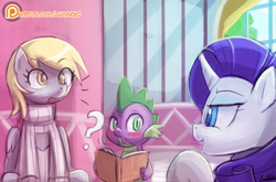 Size: 708x466 | Tagged: safe, artist:lumineko, derpy hooves, rarity, spike, dragon, pony, unicorn, book, clothes, colored pupils, comic panel, keyhole turtleneck, no dialogue, patreon, patreon logo, question mark, sweater, trio, turtleneck