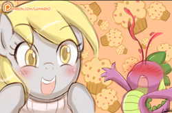 Size: 708x466 | Tagged: safe, artist:lumineko, derpy hooves, spike, dragon, pegasus, pony, abstract background, blood, blushing, clothes, colored pupils, comic panel, context is for the weak, duo, explosive nosebleed, female, food, male, mare, muffin, no dialogue, nosebleed, open mouth, patreon, patreon logo, reaction image, signature, smiling, sweater, turtleneck