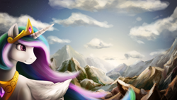 Size: 1920x1080 | Tagged: safe, artist:l1nkoln, princess celestia, alicorn, pony, mountain, smiling, solo, sunrise