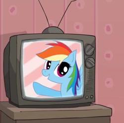 Size: 537x533 | Tagged: safe, derpibooru import, rainbow dash, pegasus, pony, simple background, television, waving