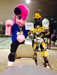 Size: 540x720 | Tagged: artist needed, safe, pinkie pie, human, 2014, bronycon, bumblebee, convention, cosplay, crossover, fursuit, hasbro, hubble, irl, irl human, photo, rapper pie, sign, transformers
