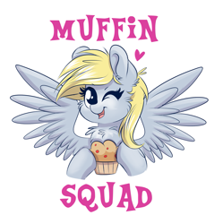 Size: 1567x1576 | Tagged: safe, artist:confetticakez, derpy hooves, pegasus, pony, chest fluff, cute, ear fluff, female, food, heart, looking at you, mare, muffin, one eye closed, open mouth, simple background, smiling, solo, spread wings, that pony sure does love muffins, white background, wink