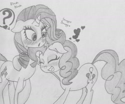 Size: 1847x1543 | Tagged: artist needed, source needed, safe, pinkie pie, rarity, earth pony, pony, unicorn, :o, blushing, cute, eyes closed, female, floppy ears, grin, heart, hug, lesbian, monochrome, nuzzling, question mark, raripie, shipping, smiling, snuggling, traditional art, wide eyes