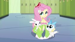 Size: 985x559 | Tagged: safe, fluttershy, equestria girls, clothes, female, pink hair, shy, solo, yellow skin