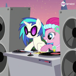 Size: 550x549 | Tagged: safe, screencap, dj pon-3, pinkie pie, vinyl scratch, earth pony, pony, unicorn, hub logo, hub network, official, the hub