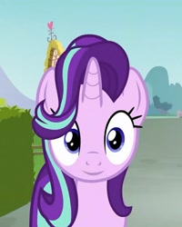 Size: 720x900 | Tagged: safe, edit, edited screencap, editor:axal-5, screencap, starlight glimmer, pony, unicorn, fame and misfortune, cute, glimmerbetes, hair flip, hair over one eye, happy, hedge, house, inverted mouth, ponyville