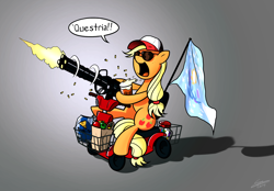 Size: 2368x1647 | Tagged: safe, artist:dori-to, applejack, earth pony, pony, apple, baseball cap, beer, dialogue, doritos, equestrian flag, female, flag, gradient background, gun, hat, minigun, murica, parody, ponified, questria, redneck, scooter, solo, weapon, zap apple jam