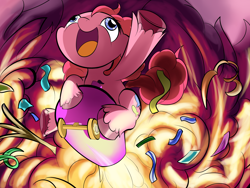 Size: 4000x3000 | Tagged: safe, artist:wadusher0, pinkie pie, earth pony, pony, confetti, explosion, party cannon, rocket jump, solo, unshorn fetlocks