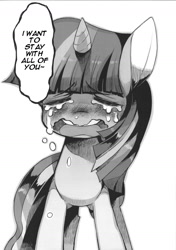 Size: 1044x1480 | Tagged: safe, artist:rikose, derpibooru import, twilight sparkle, crying, monochrome, pngk poni-gaku!, sad, solo, traslation:atticon