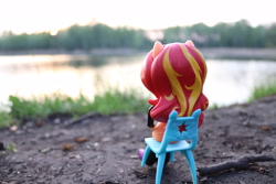 Size: 6000x4000 | Tagged: safe, artist:artofmagicpoland, sunset shimmer, equestria girls, beautiful, chair, doll, equestria girls minis, eqventures of the minis, lake, sitting, solo, sunset, toy