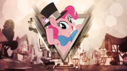 Size: 2560x1440 | Tagged: safe, artist:rdbrony16, artist:the-crusius, pinkie pie, earth pony, pony, bubble, female, hat, mare, ponyville, solo, sugarcube corner, top hat, vector, wallpaper