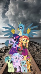 Size: 862x1536 | Tagged: safe, editor:php77, gallus, ocellus, sandbar, sci-twi, silverstream, smolder, sunset shimmer, twilight sparkle, changedling, changeling, classical hippogriff, dragon, earth pony, griffon, hippogriff, pony, better together, equestria girls, season 8, clothes, dragoness, female, geode of empathy, geode of telekinesis, magical geodes, phone wallpaper, wallpaper