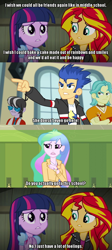 Size: 640x1431 | Tagged: safe, brawly beats, flash sentry, princess celestia, principal celestia, ringo, sunset shimmer, twilight sparkle, equestria girls, friendship games, rainbow rocks, caption, dialogue, image macro, mean girls, meme, screencap comic