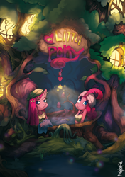 Size: 1280x1817 | Tagged: safe, artist:electrixocket, pinkie pie, anthro, bath, clothes, duality, gypsy pie, pinkamena diane pie, tree