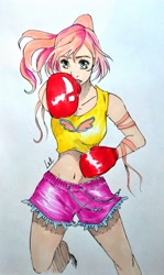 Size: 2420x4059 | Tagged: safe, artist:letwork, fluttershy, human, belly button, boxing, boxing gloves, humanized, midriff, solo, traditional art