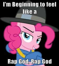 Size: 500x558 | Tagged: safe, pinkie pie, earth pony, pony, eminem, image macro, meme, pinkie pie is god, rap god (eminem), rapper pie, solo