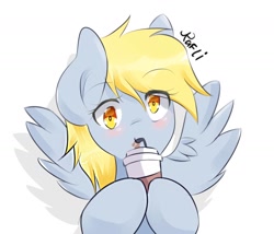 Size: 1400x1200 | Tagged: safe, artist:papibabidi, derpy hooves, pegasus, pony, blushing, coffee, female, mare, simple background, solo, spread wings, white background