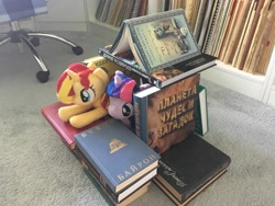 Size: 4032x3024 | Tagged: safe, sunset shimmer, twilight sparkle, twilight sparkle (alicorn), alicorn, 4de, adorkable, book, book fort, cute, dork, female, irl, photo, plushie