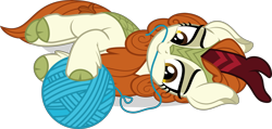 Size: 5444x2583 | Tagged: safe, artist:jhayarr23, autumn blaze, kirin, sounds of silence, awwtumn blaze, behaving like a cat, cloven hooves, cute, female, lying, nom, simple background, solo, transparent background, vector, weapons-grade cute, yarn, yarn ball