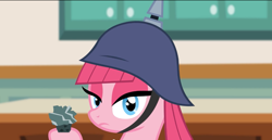 Size: 1366x703 | Tagged: safe, artist:sillyfillystudios, maud pie, pinkie pie, earth pony, pony, behaving like maud pie, female, hilarious in hindsight, muffin, muffins.pon, pickelhaube, rock