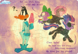 Size: 995x688 | Tagged: safe, artist:sonicrainboomz, derpibooru import, spike, twilight sparkle, dragon, crossover, daffy duck, duck dodgers, future twilight, ice cream, looney tunes, traditional art