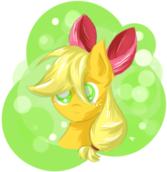 Size: 1024x1058 | Tagged: safe, artist:randomdash, applejack, earth pony, pony, abstract background, accessory swap, bow, bust, cute, female, hair bow, jackabetes, looking at you, mare, missing accessory, portrait, ribbon, smiling, solo